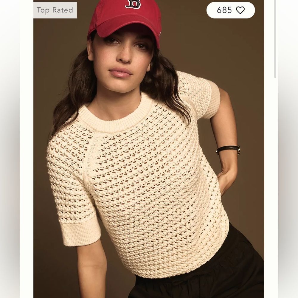 Varley Cream Open-Knit Short Sleeve Sweater